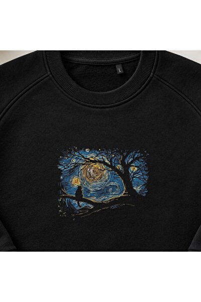 KEYFHOME Hanorac unisex cu gât rotund și broderie cu silueta pisicii Starry N...