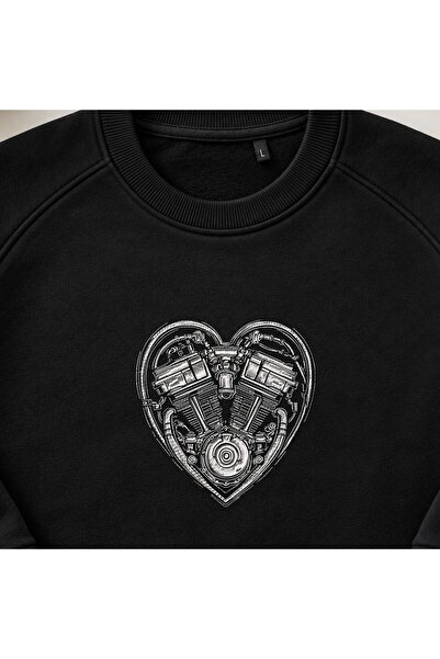 KEYFHOME Heart Shaped V-Twin Engine Embroidered Crew Neck Sweatshirt Unisex