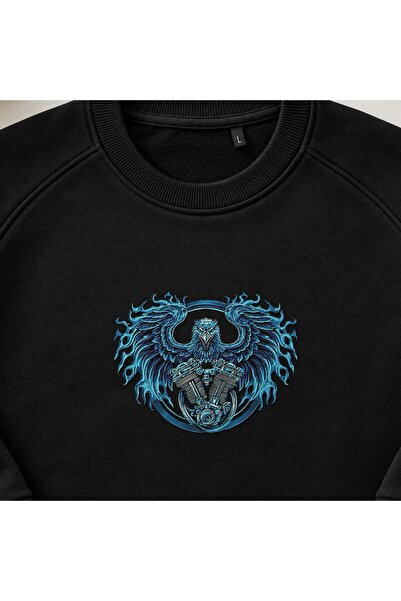 KEYFHOME Mechanic Eagle Motor Biker Embroidered Crew Neck Sweatshirt Unisex