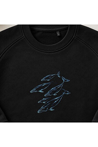 KEYFHOME Abstract Line Ocean Whales Embroidered Crew Neck Sweatshirt Unisex