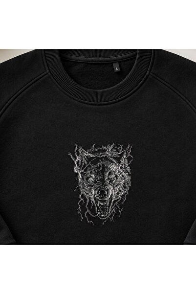 KEYFHOME Lightning Wild Wolf Head Embroidered Crew Neck Sweatshirt Unisex