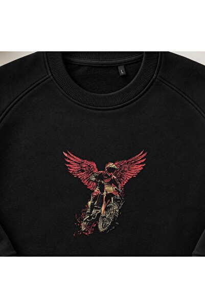 KEYFHOME Red Winged Motorcycle Angel Embroidered Crew Neck Sweatshirt Unisex