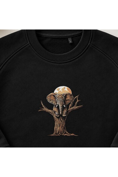 KEYFHOME Moon and Tree Elephant Safari Embroidered Crew Neck Sweatshirt Unisex