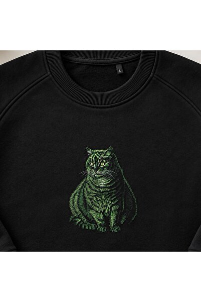 KEYFHOME Hanorac unisex cu gât rotund și broderie cu pisică verde așezată