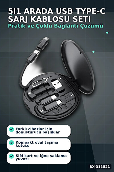 Seyahat Icin 5i1 Arada USB Type-C Sarj Kablosu Seti 60W Destekli Kutulu BX-313521