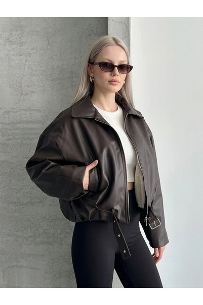 PRİFALDİ Agli̇mmer Black Women's Bomber Leather Jacket with Wool Inside and Belt Detail