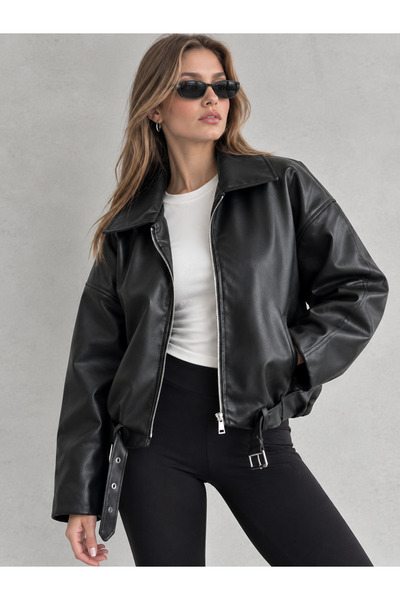 PRİFALDİ Agli̇mmer Black Women's Bomber Leather Jacket with Wool Inside and Belt Detail