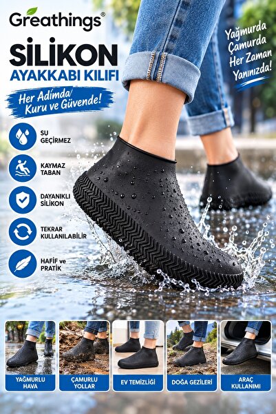 Greathings Siyah M Beden Silikon Ayakkabı Kılıfı Su ve Kir Geçirmez Kaymaz Ya...