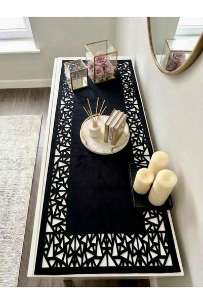 Ergüven Home Black Suede Fabric Runner 40X120 cm Console Length - Geometric T...