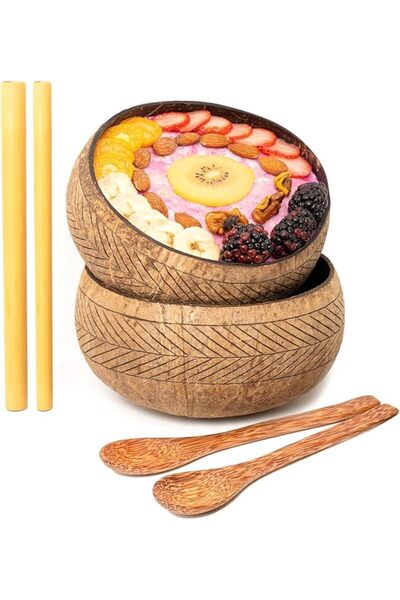 AZONEE Set of 2 Jumbo Feather Coconut Bowls 2 Wooden Spoons 2 Reusable Bamboo...