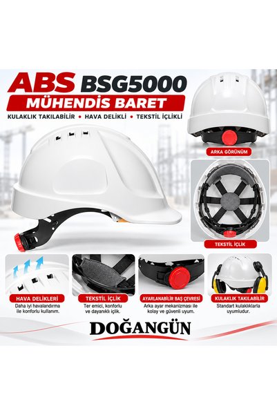 Essafe ABS BSG5000 BEYAZ MÜHENDİS BARET KULAKLIK TAKILABİLİR HAVA DELİKLİ TEKSTİL İÇLİKLİ