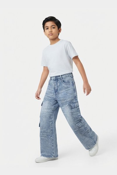AUXOM Boys' Denim Cargo Jeans - Blue