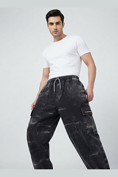 AUXOM Men's Acid Wash Cargo Trousers - Black