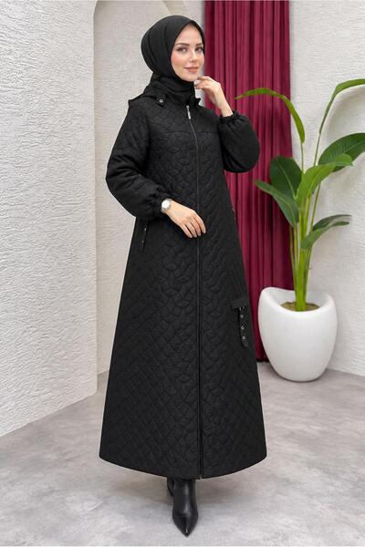 KADIN SİYAH KAPÜŞONLU KAPİTONE MANTO T 8203