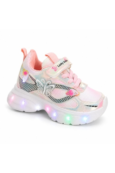 HANNA Pantofi sport cu luminite, Model Fluturas, Piele ecologica, Fete, Roz