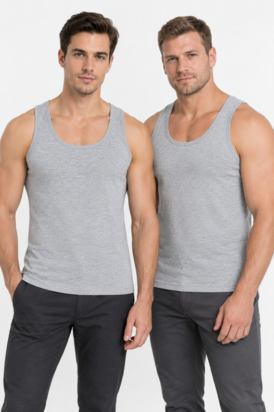 Loule Men's Cotton Combed Single Jersey Wide Strap Undershirt 2-Piece Gray Me...