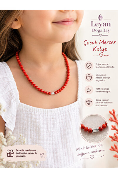 Leyandoğaltaş Children's Coral Necklace with Natural Coral Stone Red Necklace...