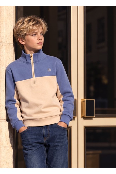 Ozmoz By Mukadder Özden Organic Double Color Half Zipper Blue Winter Boys' Sw...