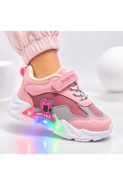 HANNA Pantofi sport cu luminite, Model Bubudoo, Piele ecologica, Fete, Roz