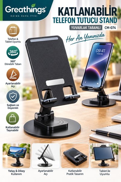 Greathings Katlanabilir 360° Döner Telefon ve Tablet Tutucu Stand Yuvarlak Ta...