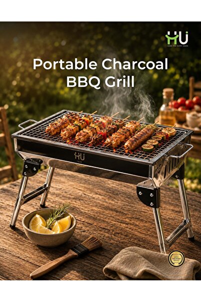HU HAPPY USER HU Portable Charcoal BBQ Grill – Foldable Stainless Steel Barbecue Grill with Easy Carry Design for Camping, Picnic, Garden, Outdoor Cooking & Travel