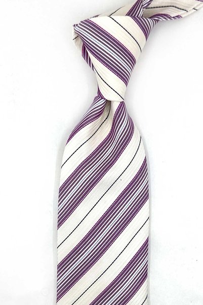 Kravatkolik White Purple Line Pattern Italian Silk Tie Ik2635