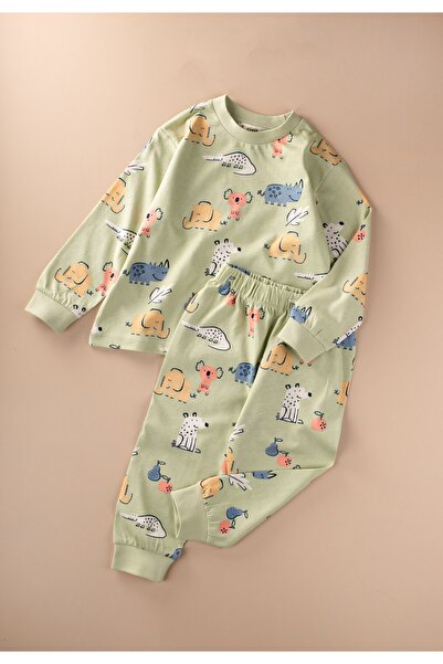 Cigit Patterned Pajama Set 2-8 Years Khaki Green