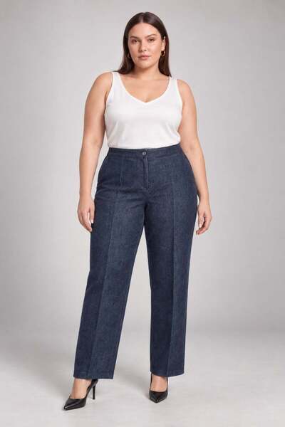 RMG Soft Velvet Buttoned Plus Size Fabric Trousers Navy Blue