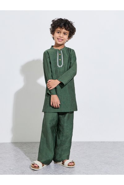 Styli Teen Boys Placket Detail Kurta and Solid Pants Set