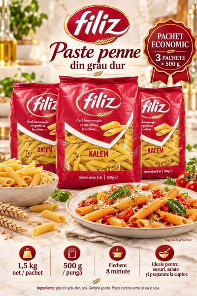 FİLİZ Paste penne din grâu dur – Kalem, pachet economic 3 × 500 g