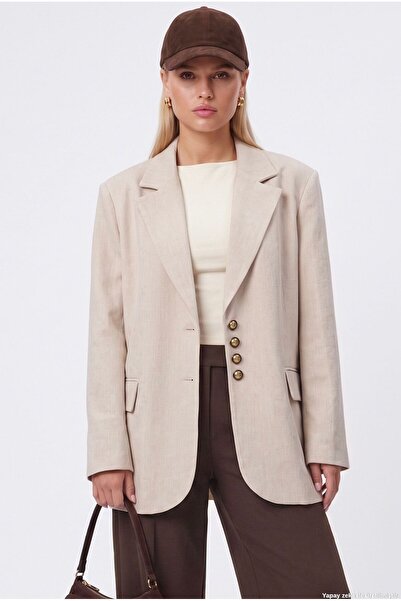 Ritnice Kadın Jonas Astarlı Cepli Bej Lux Oversize Blazer Ceket