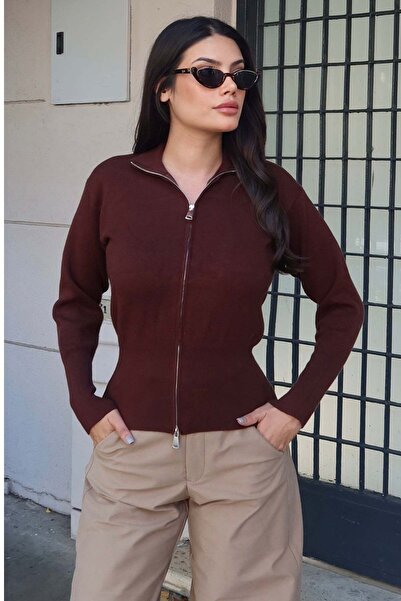 KECHİ WOMAN Ribbed Knitwear High Collar Zippered Cardigan — Brown