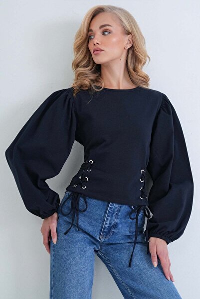 Trend Alaçatı Stili Women's Navy Blue Crew Neck Balloon Sleeve Bird Eye Detai...