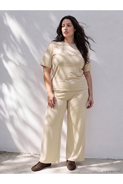 LC Waikiki Two Mt Shop Quality Lcw Curve Beige Interlock Plain Loose & Baggy ...