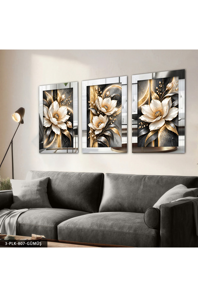 Evinemoda Gold Işıltılı Beyaz Çiçek 3 Parça Pleksi Aynalı Tablo