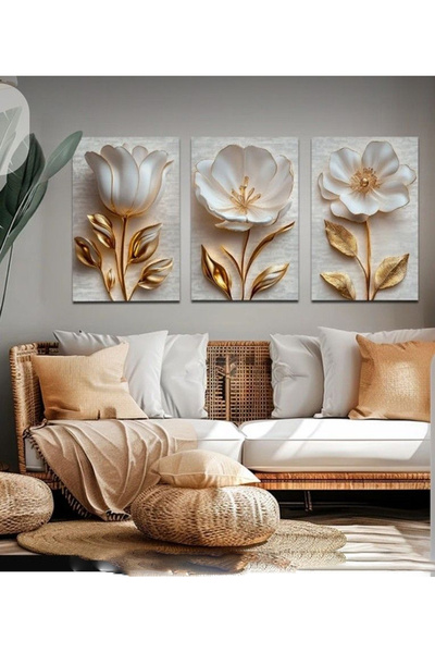 BellaaaModa Modern Kahve - Taba Tonlarında 3'lü Ahşap Tablo Seti - Tüy ve Çiç...