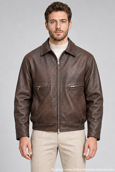 Freemen Men's Brown Oversize Leather Coat with Chest Pockets