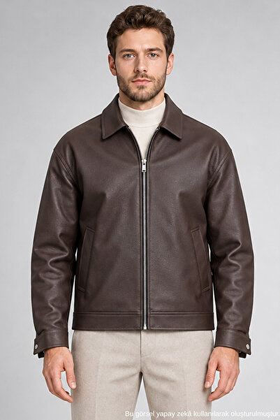 Freemen Men's Brown Oversize Collared Zippered Faux Leather Jacket with Pockets