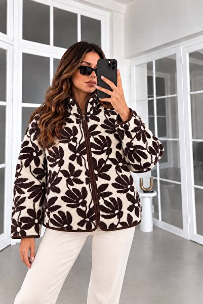 FioriModa Çiçekli Fermuarlı Peluş Polar Ceket