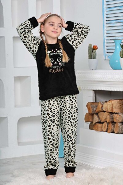 Kız Çocuk Göz Bantlı Peluş Polar Pijama Takımı