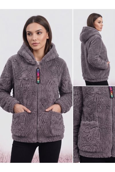 RAVELLES Women's Zipper Detailed Plush Fleece Hooded Coat / Sweatshirt