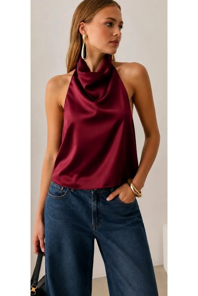 HIMMELDUF Şık Degaje Yaka Saten Halter Bluz