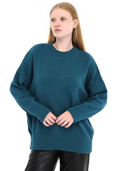 Trist Star Petrol Women's 100% Cotton Oversize Plain Knit Drop Shoulder Crew ...