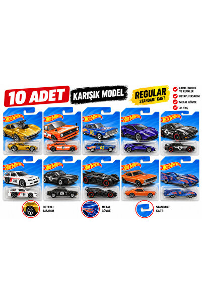 HOT WHEELS 10 Adet Karışık Model Metal Oyuncak Araba – Standart Seri – Regula...