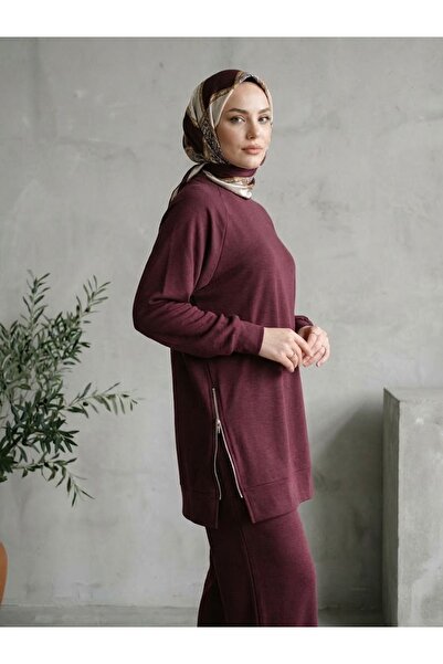 Lunsera Store بدلة بسحابين جانبيين وأكمام راجلان مع بنطلون - أحمر داكن