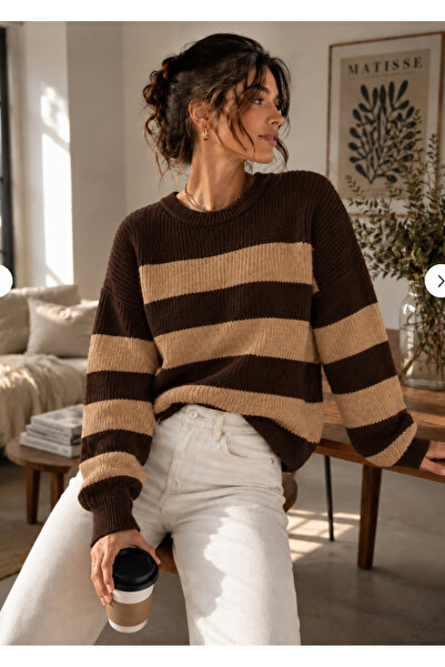 BW Bravely Wear Striped Crew Neck Oversize Women's Knitwear Sweater