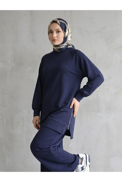 Lunsera Store Two-Side Zipper Detail Raglan Sleeve Trouser Suit - Navy Blue