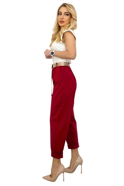 FY FashionForYou Pantaloni eleganți din bumbac YASMIN cu talie elastică și curea, Roșu, FashionForYou, Mărime universală S/M