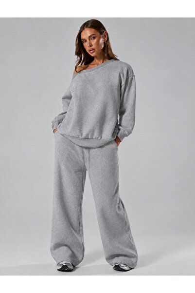 trendgar Gray Loose Asymmetrical Collared Sweatshirt/Wideleg/Wide Leg Bottom ...