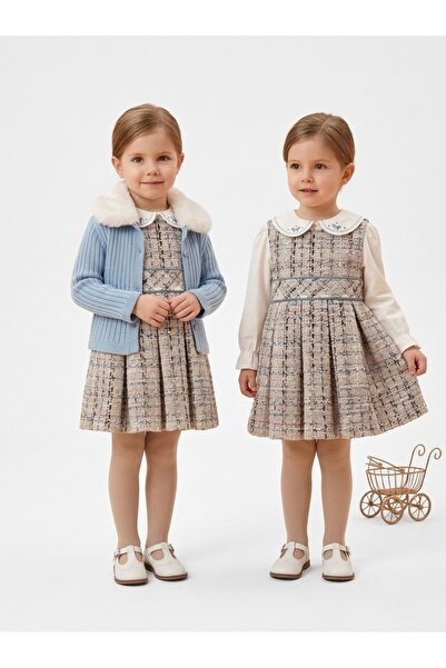 miss topkids فستان بناتي بيج منقوش بنمط كاروهات مع ياقة بيضاء وأكمام طويلة